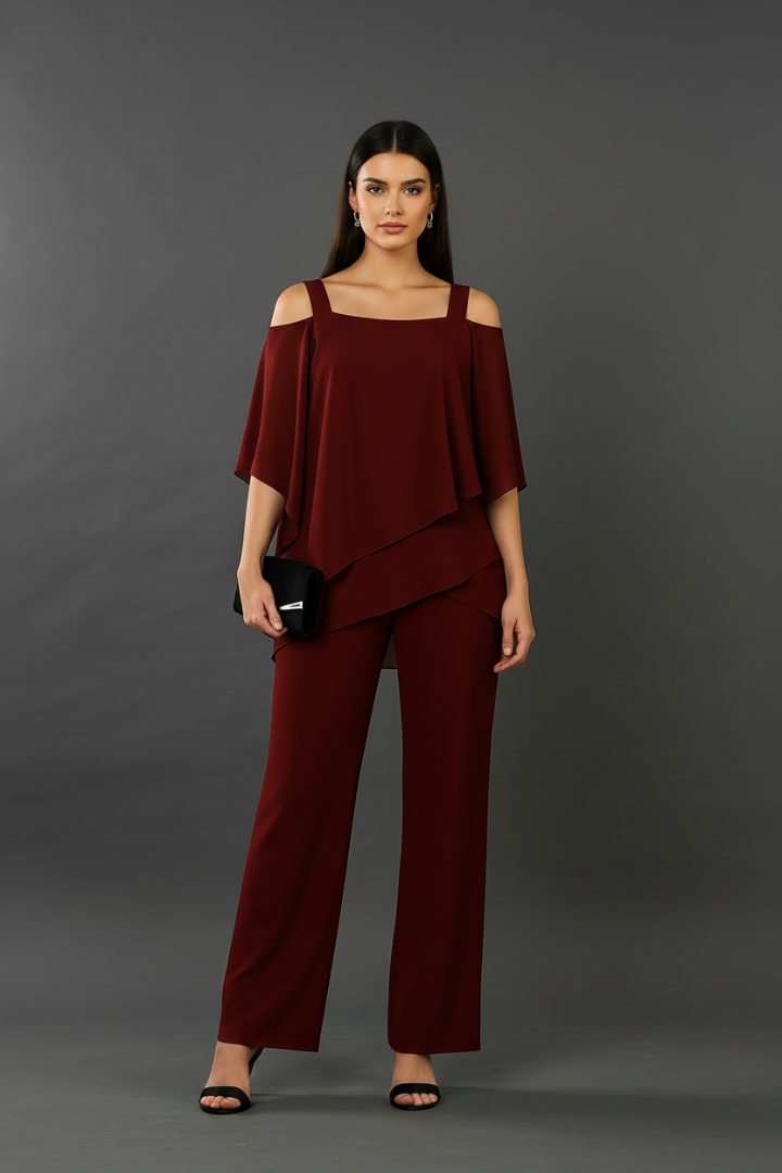 Women's Two Piece Cold Shoulder Top And Wide Leg Pants Set