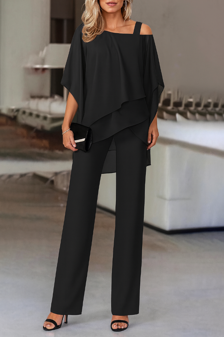 Women's Two Piece Cold Shoulder Top And Wide Leg Pants Set