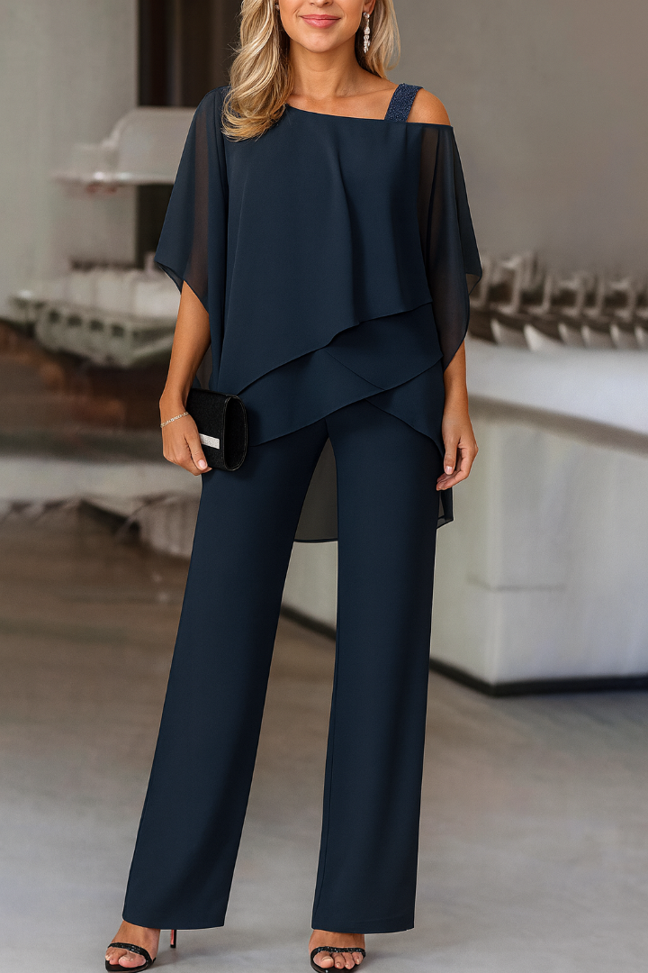 Women's Two Piece Cold Shoulder Top And Wide Leg Pants Set