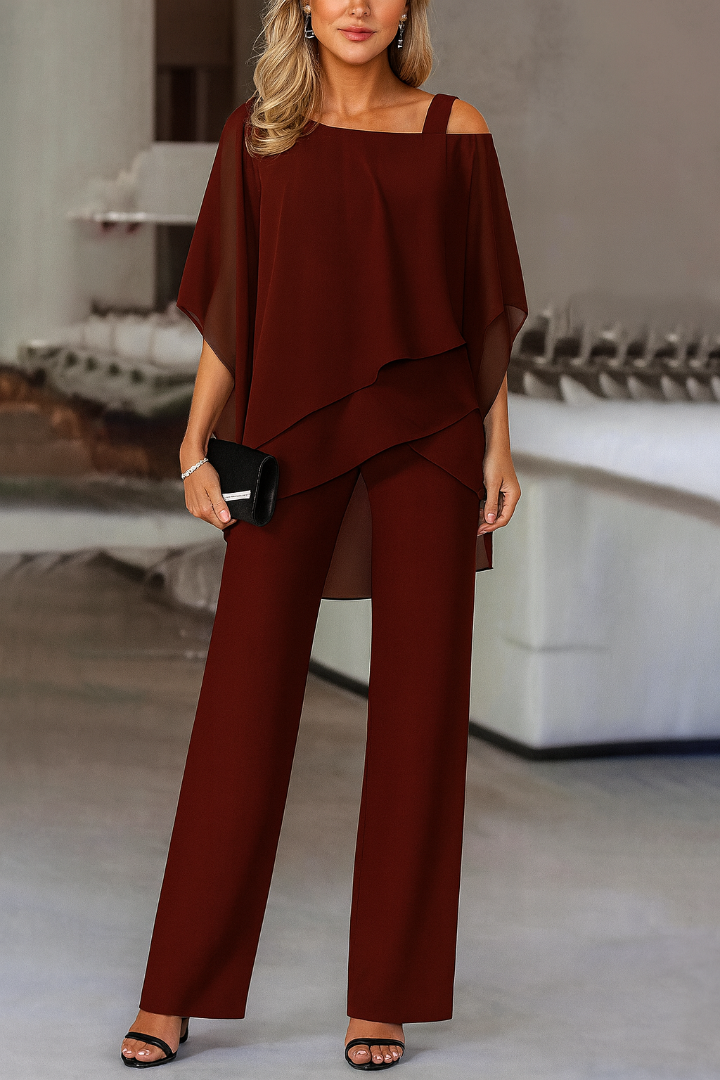 Women's Two Piece Cold Shoulder Top And Wide Leg Pants Set
