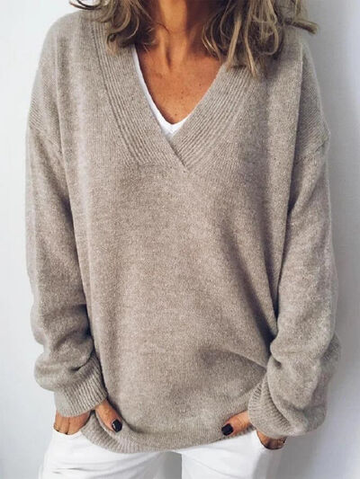 Women's V-Neck Knit Sweater - Long Sleeve Relaxed Fit