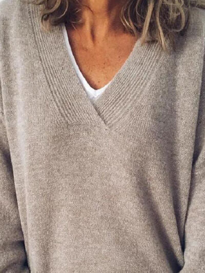 Women's V-Neck Knit Sweater - Long Sleeve Relaxed Fit