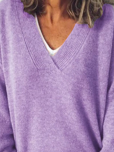 Women's V-Neck Knit Sweater - Long Sleeve Relaxed Fit