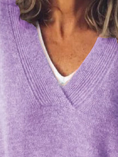 Women's V-Neck Knit Sweater - Long Sleeve Relaxed Fit
