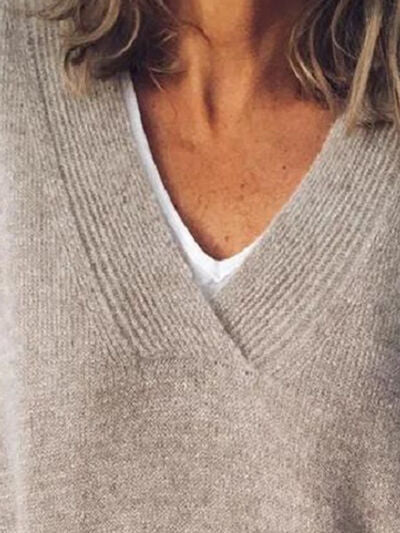 Women's V-Neck Knit Sweater - Long Sleeve Relaxed Fit