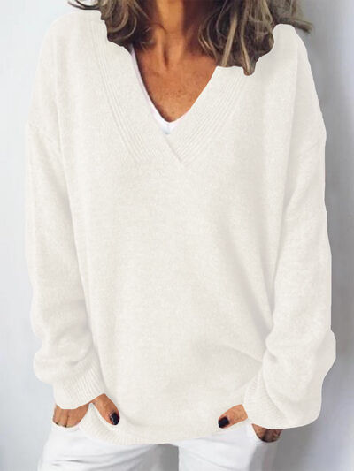 Women's V-Neck Knit Sweater - Long Sleeve Relaxed Fit