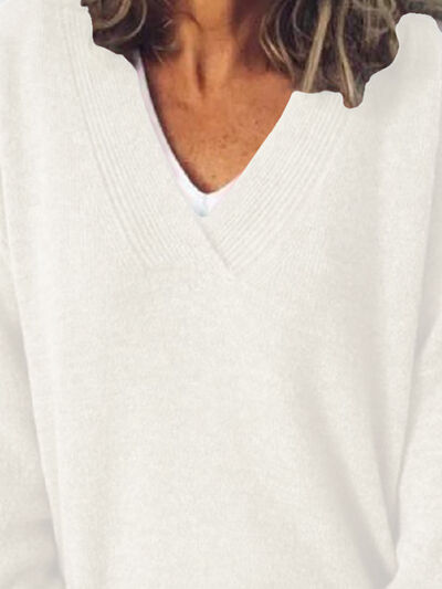 Women's V-Neck Knit Sweater - Long Sleeve Relaxed Fit