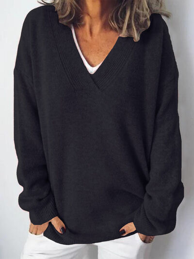 Women's V-Neck Knit Sweater - Long Sleeve Relaxed Fit