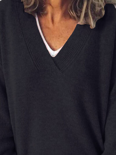Women's V-Neck Knit Sweater - Long Sleeve Relaxed Fit
