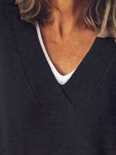 Women's V-Neck Knit Sweater - Long Sleeve Relaxed Fit
