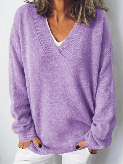 Women's V-Neck Knit Sweater - Long Sleeve Relaxed Fit