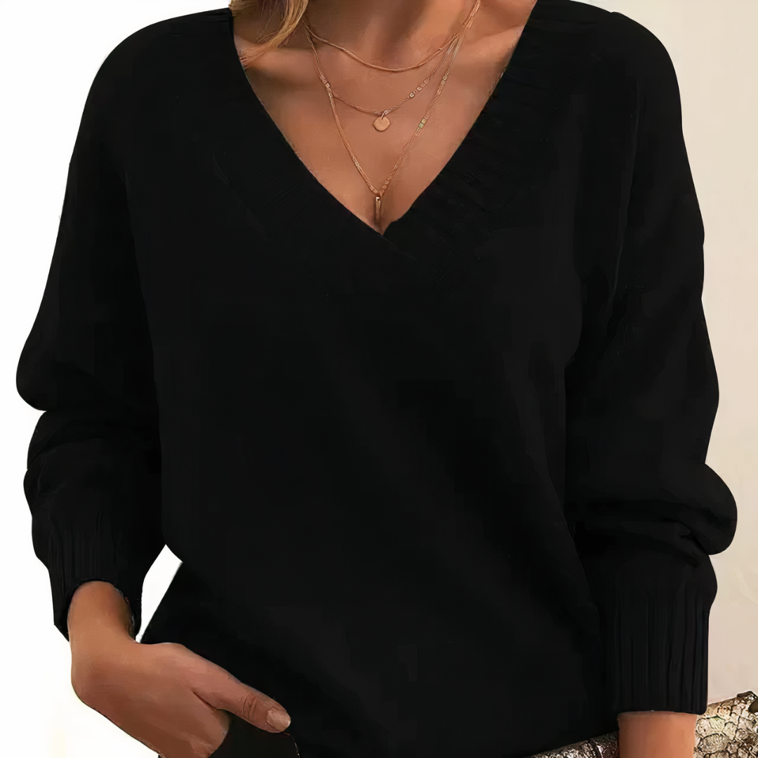 Women's V-Neck Knit Sweater Relaxed Fit Long Sleeve Pullover