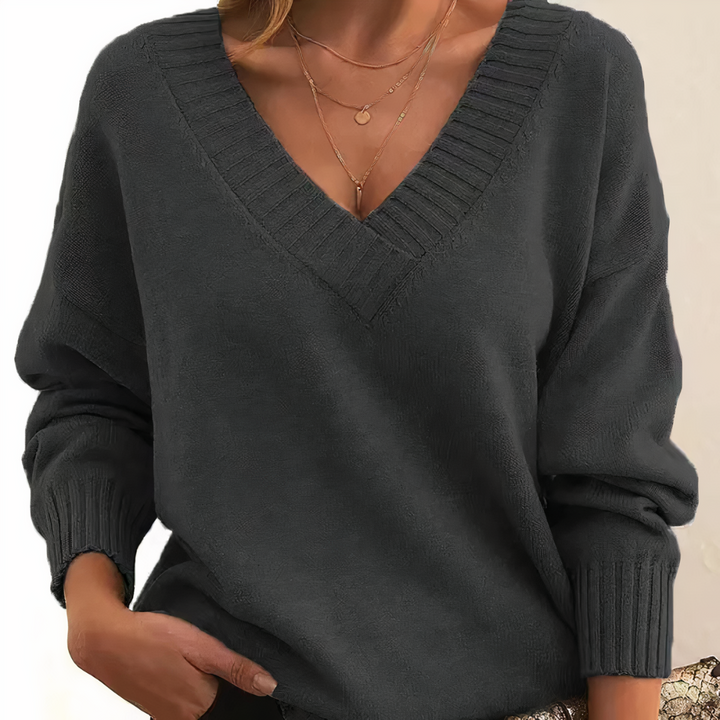 Women's V-Neck Knit Sweater Relaxed Fit Long Sleeve Pullover