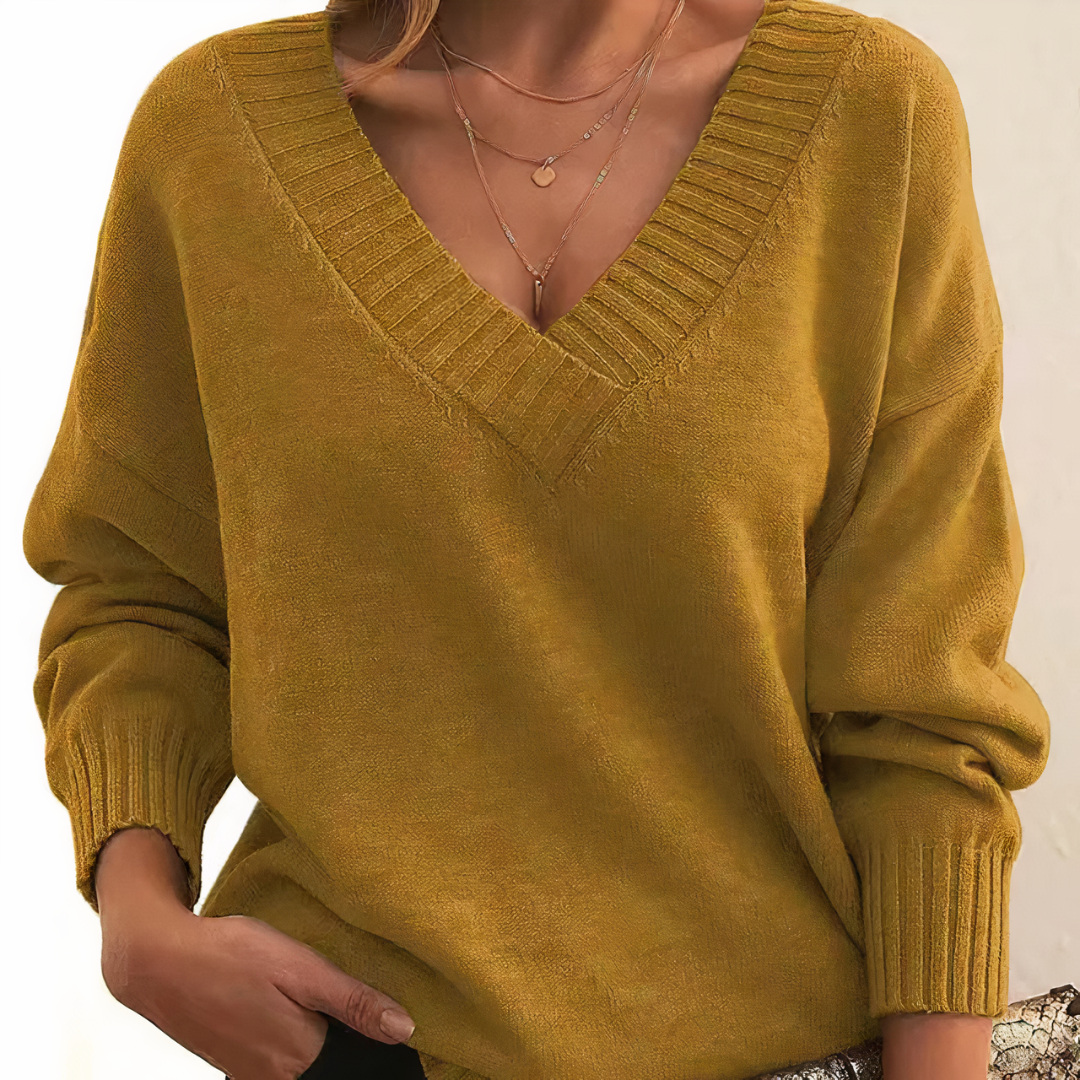 Women's V-Neck Knit Sweater Relaxed Fit Long Sleeve Pullover