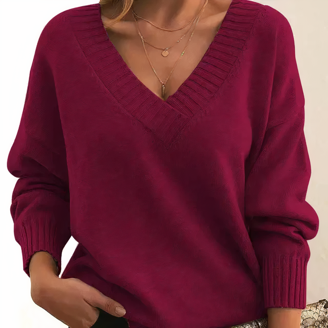 Women's V-Neck Knit Sweater Relaxed Fit Long Sleeve Pullover