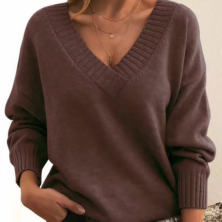 Women's V-Neck Knit Sweater Relaxed Fit Long Sleeve Pullover