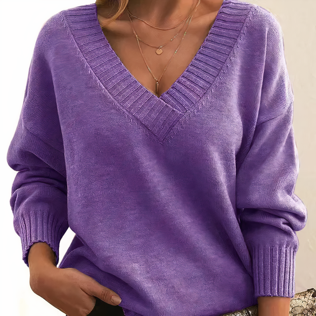 Women's V-Neck Knit Sweater Relaxed Fit Long Sleeve Pullover