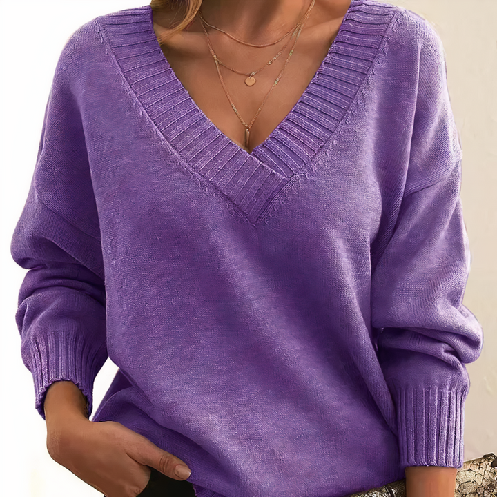 Women's V-Neck Knit Sweater Relaxed Fit Long Sleeve Pullover