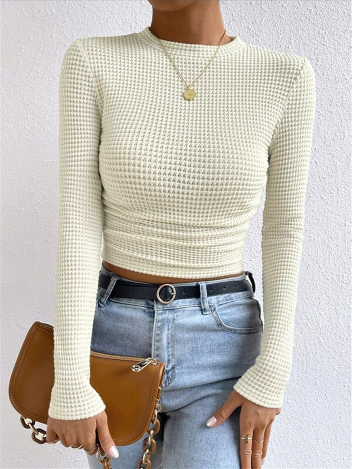 Women's Waffle-Knit Long Sleeve Top - Round Neck Cropped