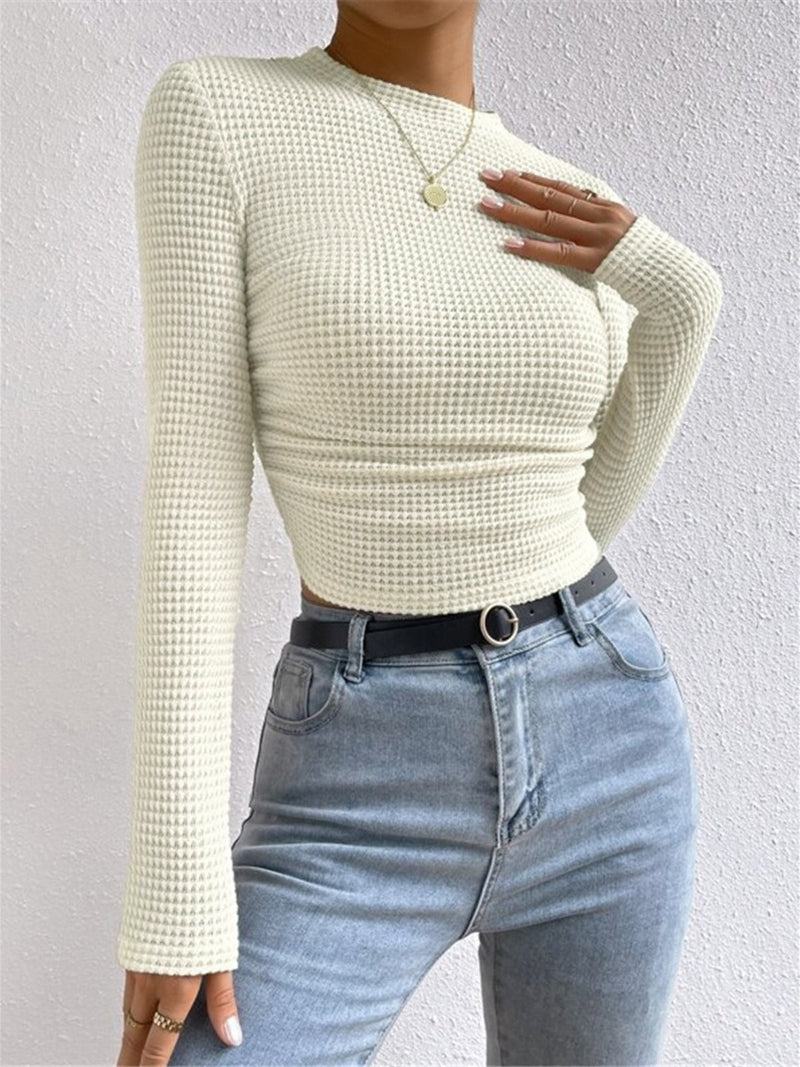 Women's Waffle-Knit Long Sleeve Top - Round Neck Cropped