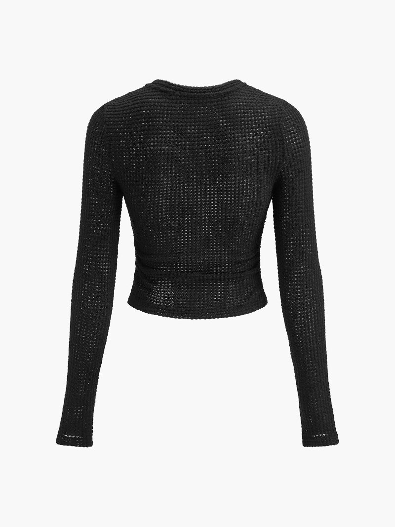 Women's Waffle-Knit Long Sleeve Top - Round Neck Cropped