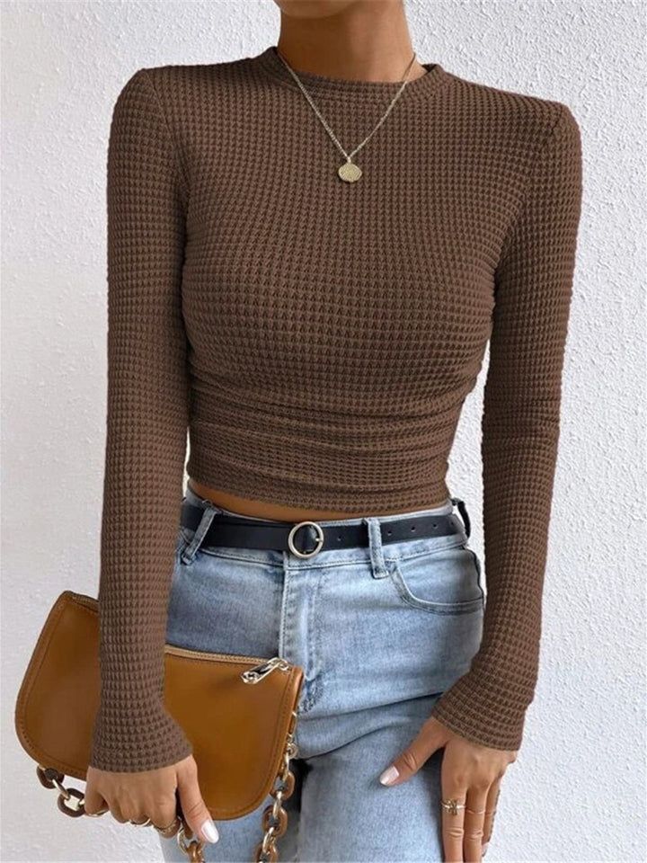 Women's Waffle-Knit Long Sleeve Top - Round Neck Cropped
