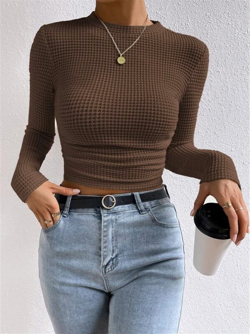 Women's Waffle-Knit Long Sleeve Top - Round Neck Cropped