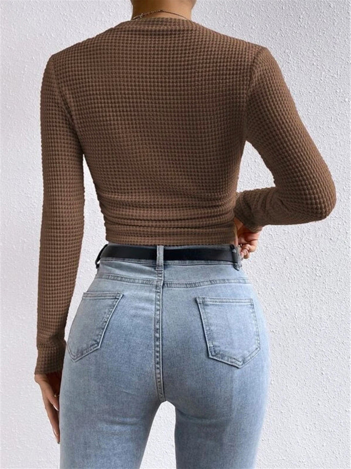 Women's Waffle-Knit Long Sleeve Top - Round Neck Cropped