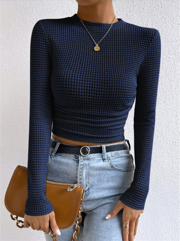 Women's Waffle-Knit Long Sleeve Top - Round Neck Cropped
