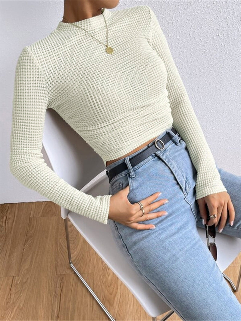 Women's Waffle-Knit Long Sleeve Top - Round Neck Cropped