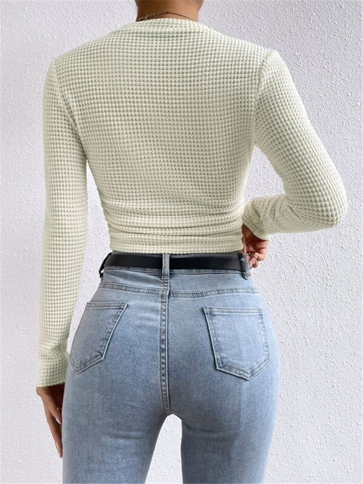 Women's Waffle-Knit Long Sleeve Top - Round Neck Cropped
