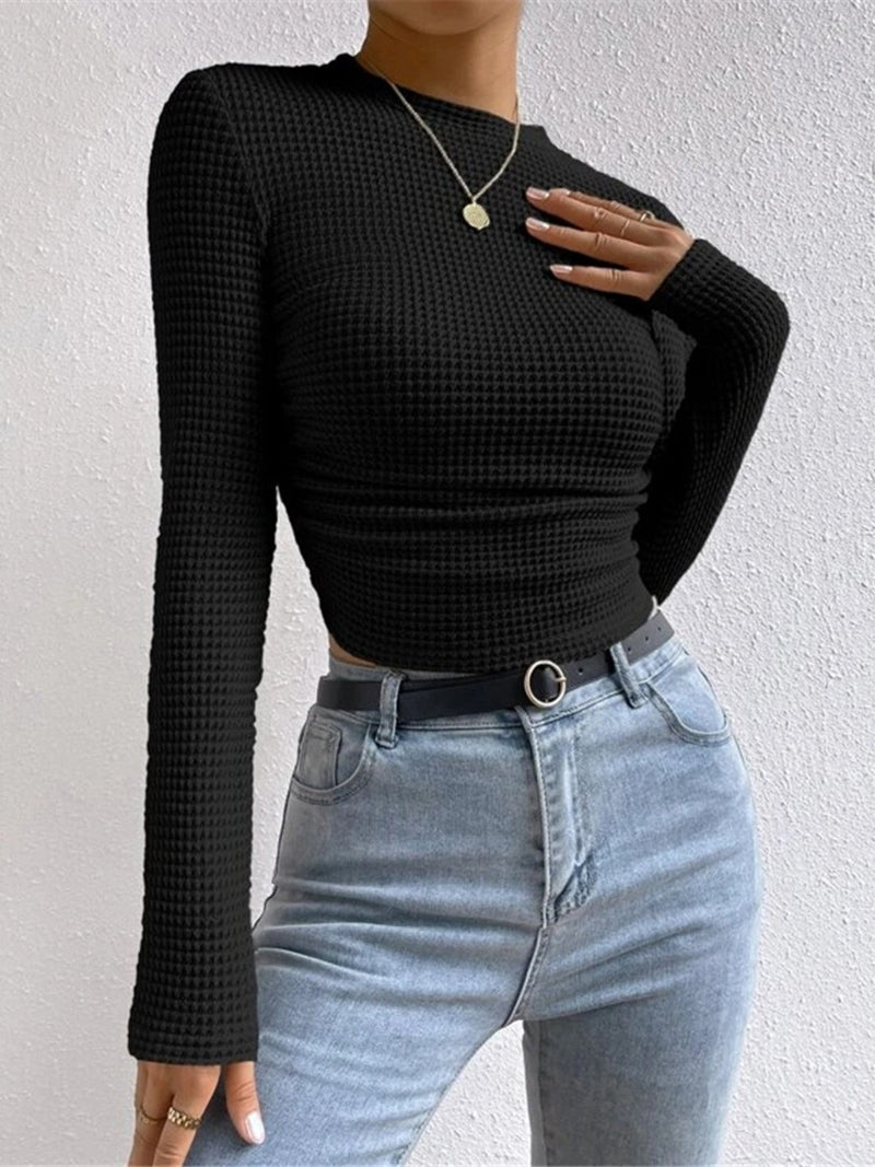 Women's Waffle-Knit Long Sleeve Top - Round Neck Cropped