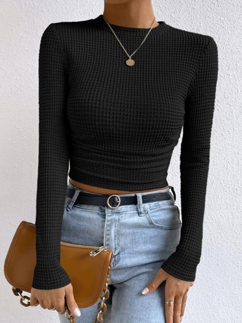Women's Waffle-Knit Long Sleeve Top - Round Neck Cropped