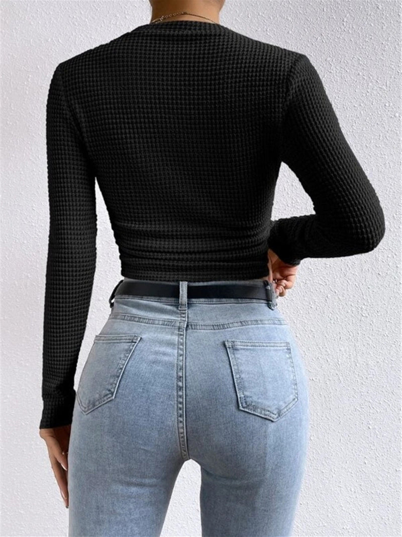Women's Waffle-Knit Long Sleeve Top - Round Neck Cropped
