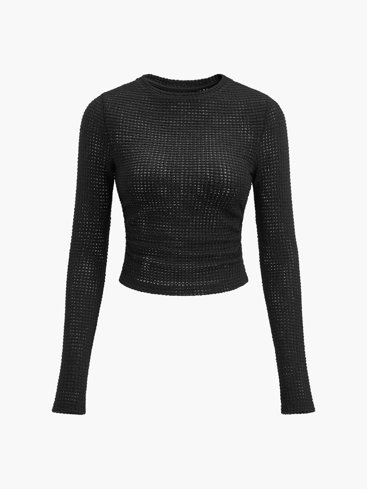 Women's Waffle-Knit Long Sleeve Top - Round Neck Cropped