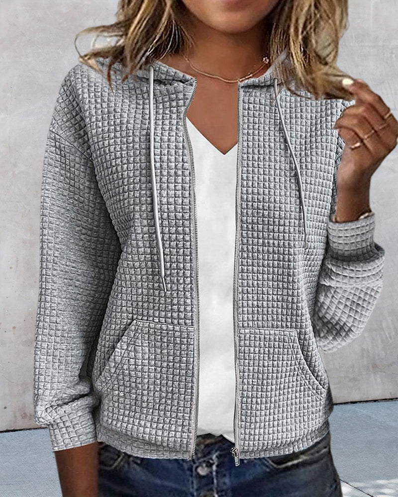 Women's Waffle Knit Zip Up Hoodie - Drawstring Hood Front Pockets