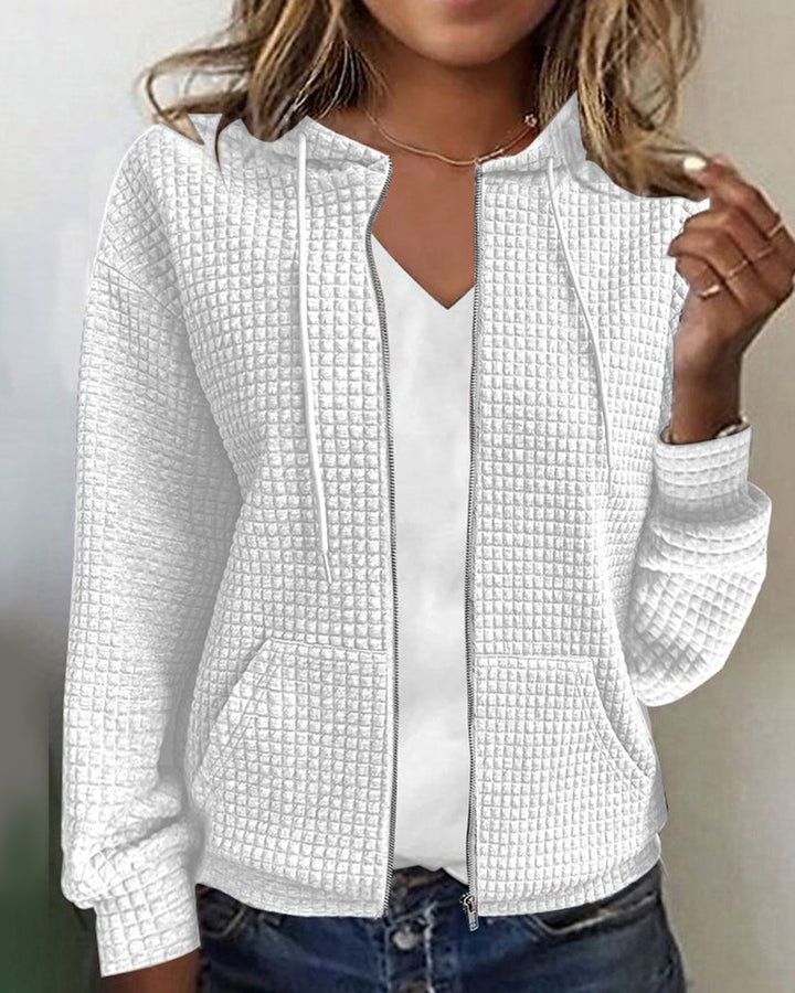 Women's Waffle Knit Zip Up Hoodie - Drawstring Hood Front Pockets