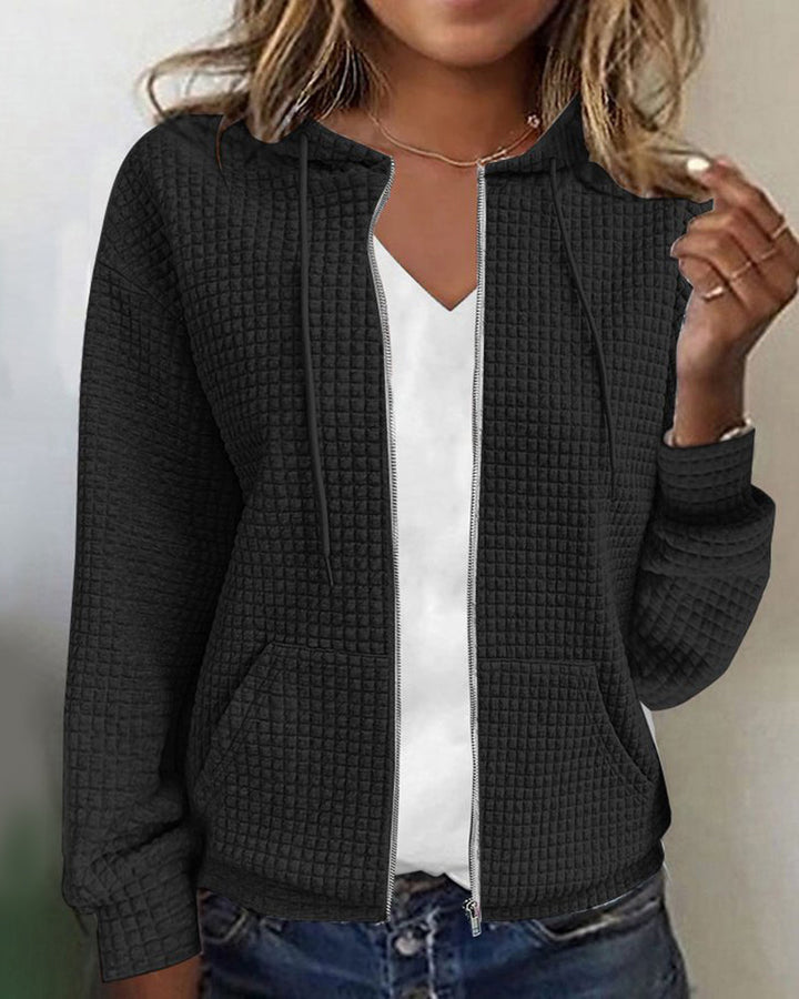 Women's Waffle Knit Zip Up Hoodie - Drawstring Hood Front Pockets