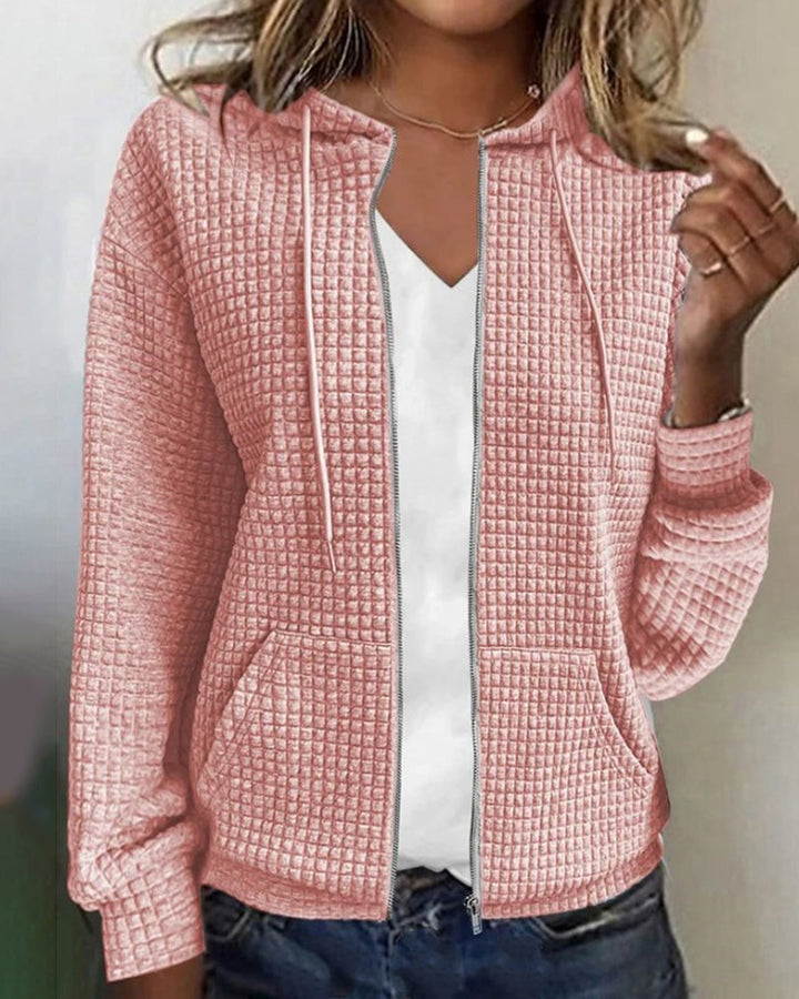 Women's Waffle Knit Zip Up Hoodie - Drawstring Hood Front Pockets