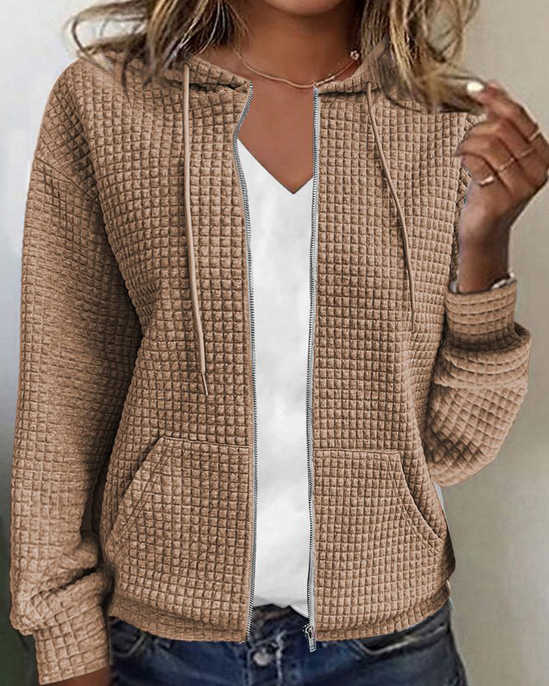 Women's Waffle Knit Zip Up Hoodie - Drawstring Hood Front Pockets