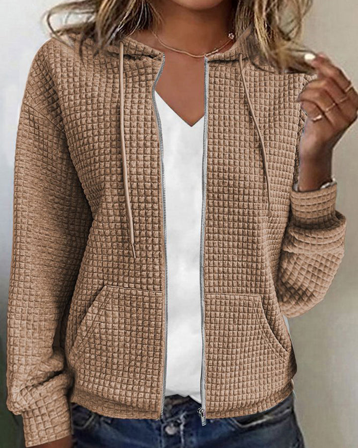 Women's Waffle Knit Zip Up Hoodie - Drawstring Hood Front Pockets