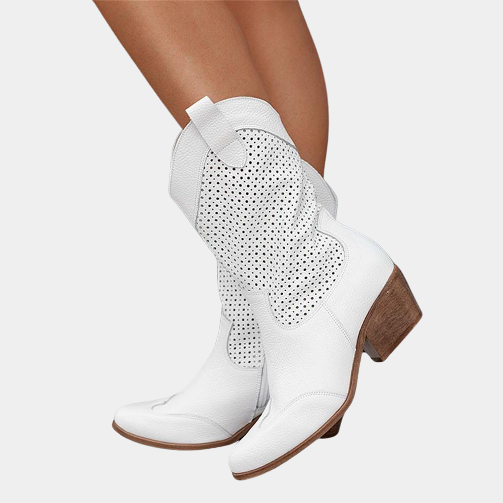 Women's Western Mid-Calf Boots - Perforated Shaft Block Heel
