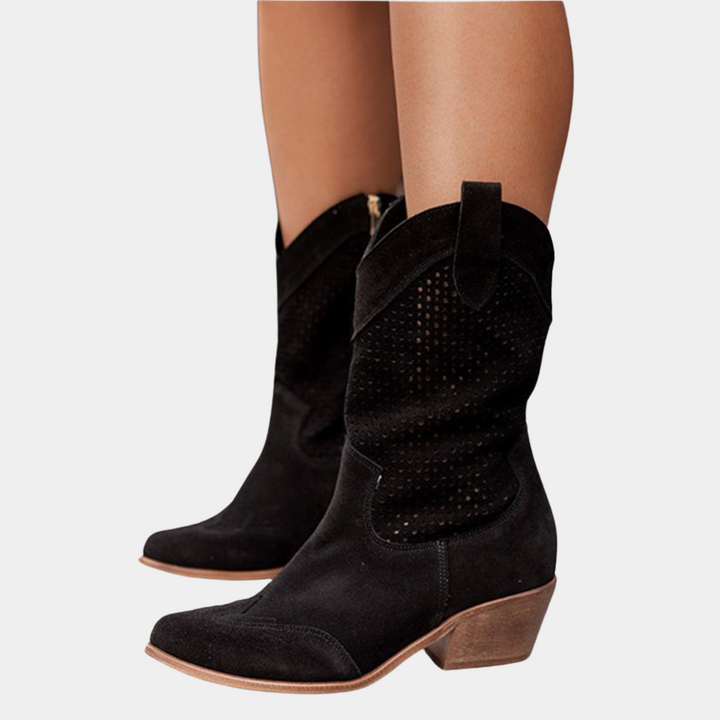 Women's Western Mid-Calf Boots - Perforated Shaft Block Heel