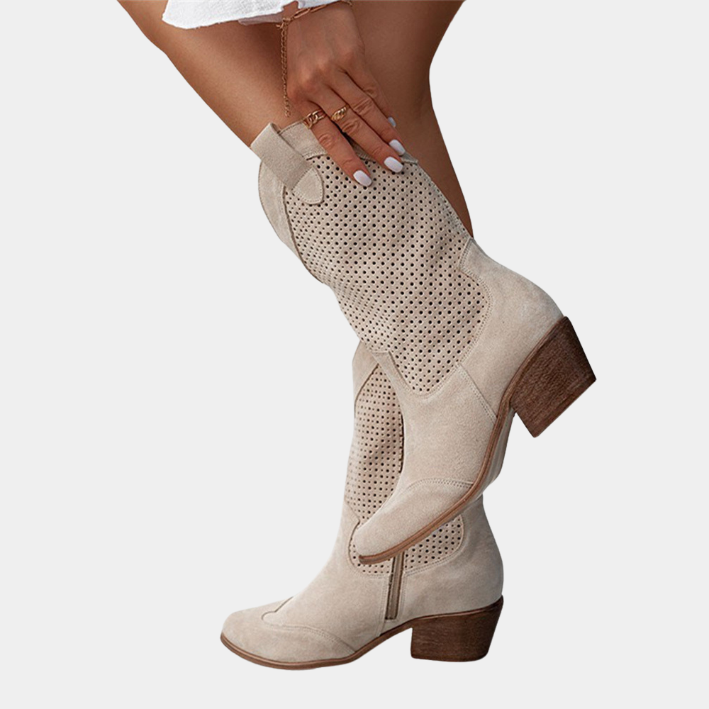 Women's Western Mid-Calf Boots - Perforated Shaft Block Heel