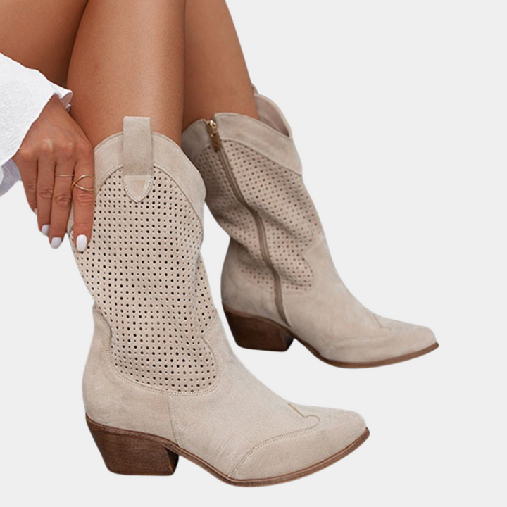 Women's Western Mid-Calf Boots - Perforated Shaft Block Heel