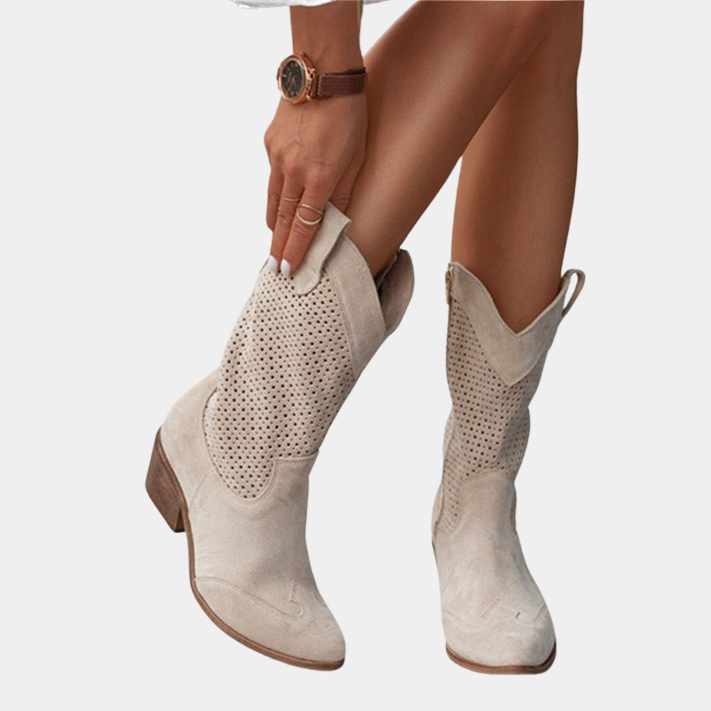 Women's Western Mid-Calf Boots - Perforated Shaft Block Heel