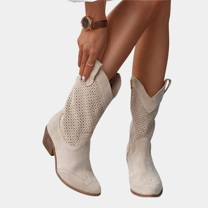 Women's Western Mid-Calf Boots - Perforated Shaft Block Heel