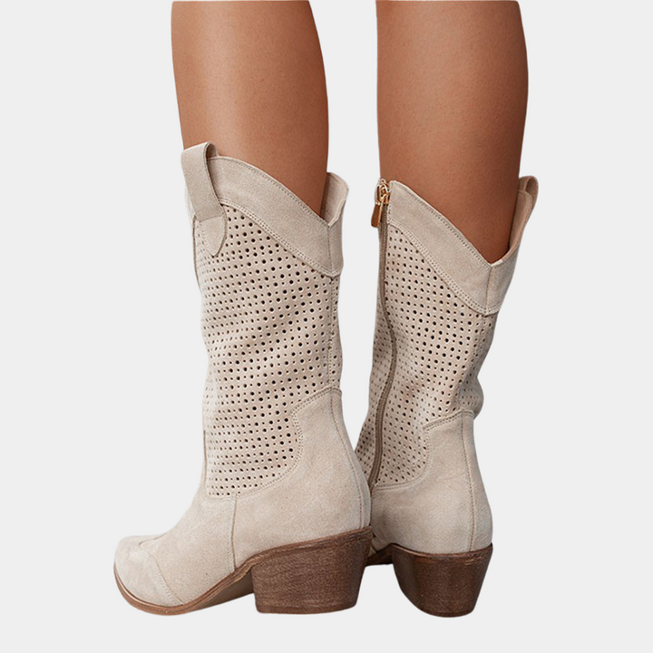 Women's Western Mid-Calf Boots - Perforated Shaft Block Heel