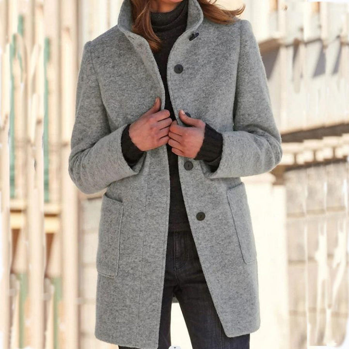 Women's Wool Blend Coat - Stand Collar Button-Front Midi Coat