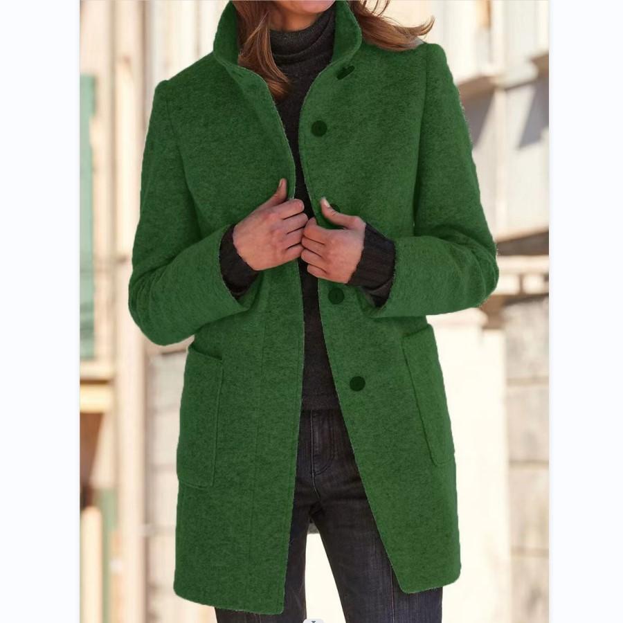 Women's Wool Blend Coat - Stand Collar Button-Front Midi Coat
